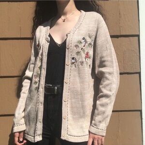 Blair Embroidered Birds Tan Button Up Cardigan     Ramie Cotton Blend Large …